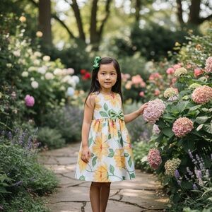 Bonnie Jean Girls Yellow Floral Dress with Green Bow Size 3T Back Button Closure